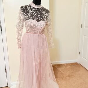 Chic Long Sleeve Pink Lace Dress